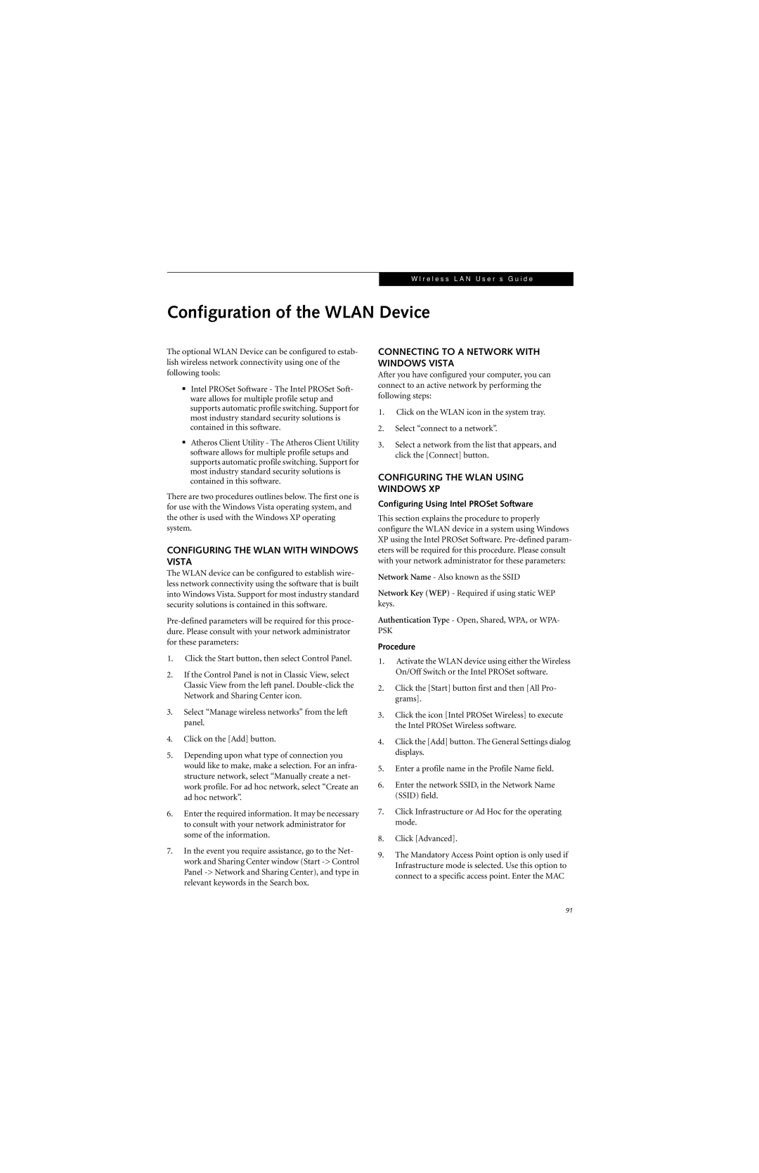 Fujitsu E8310 manual Configuration of the Wlan Device, Configuring the Wlan with Windows Vista 