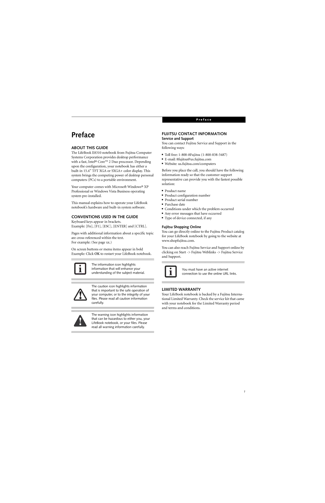 Fujitsu E8310 Preface, About this Guide, Conventions Used in the Guide, Fujitsu Contact Information, Limited Warranty 