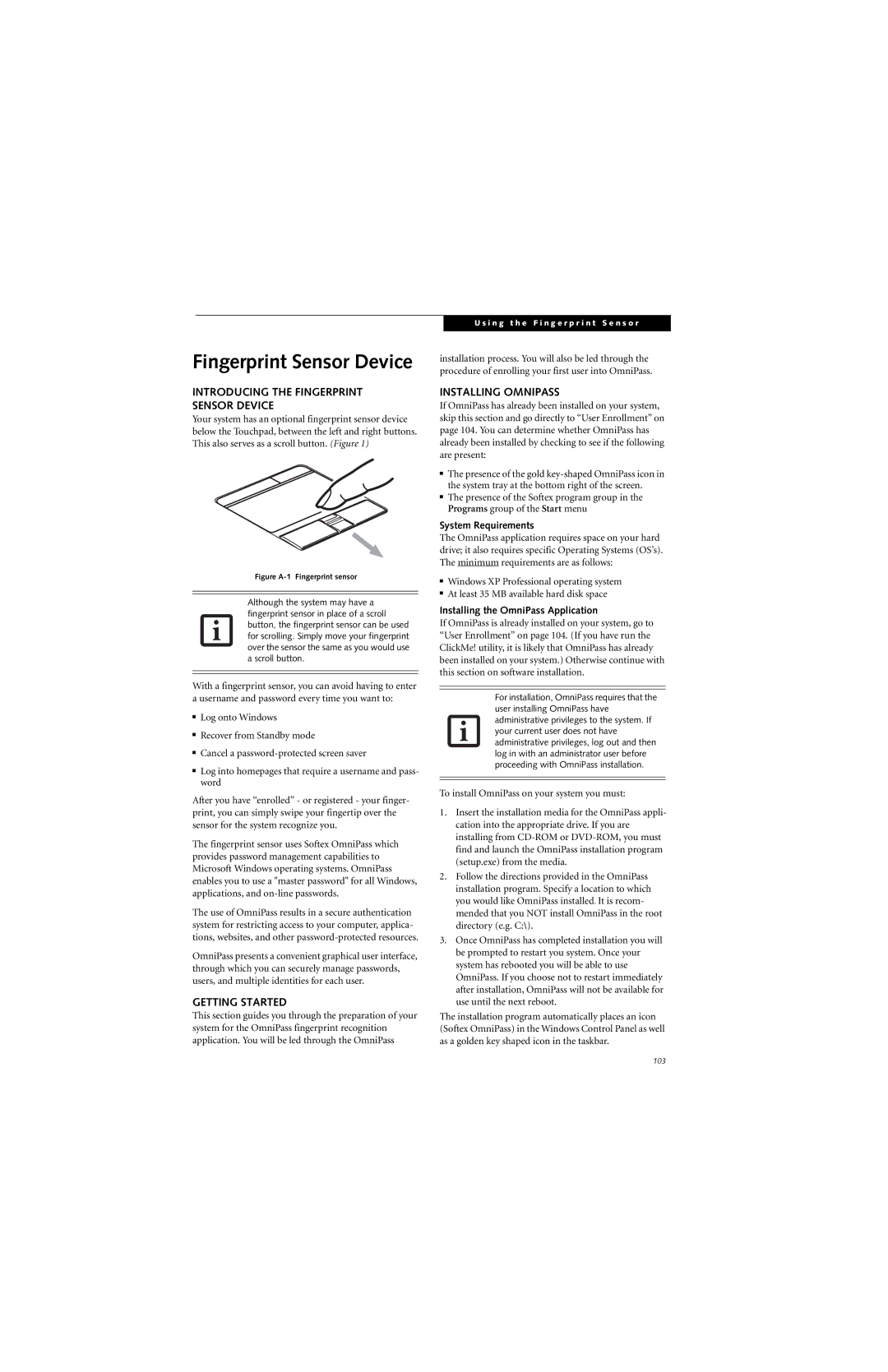 Fujitsu E8310 manual Introducing the Fingerprint Sensor Device, Getting Started, Installing Omnipass, System Requirements 