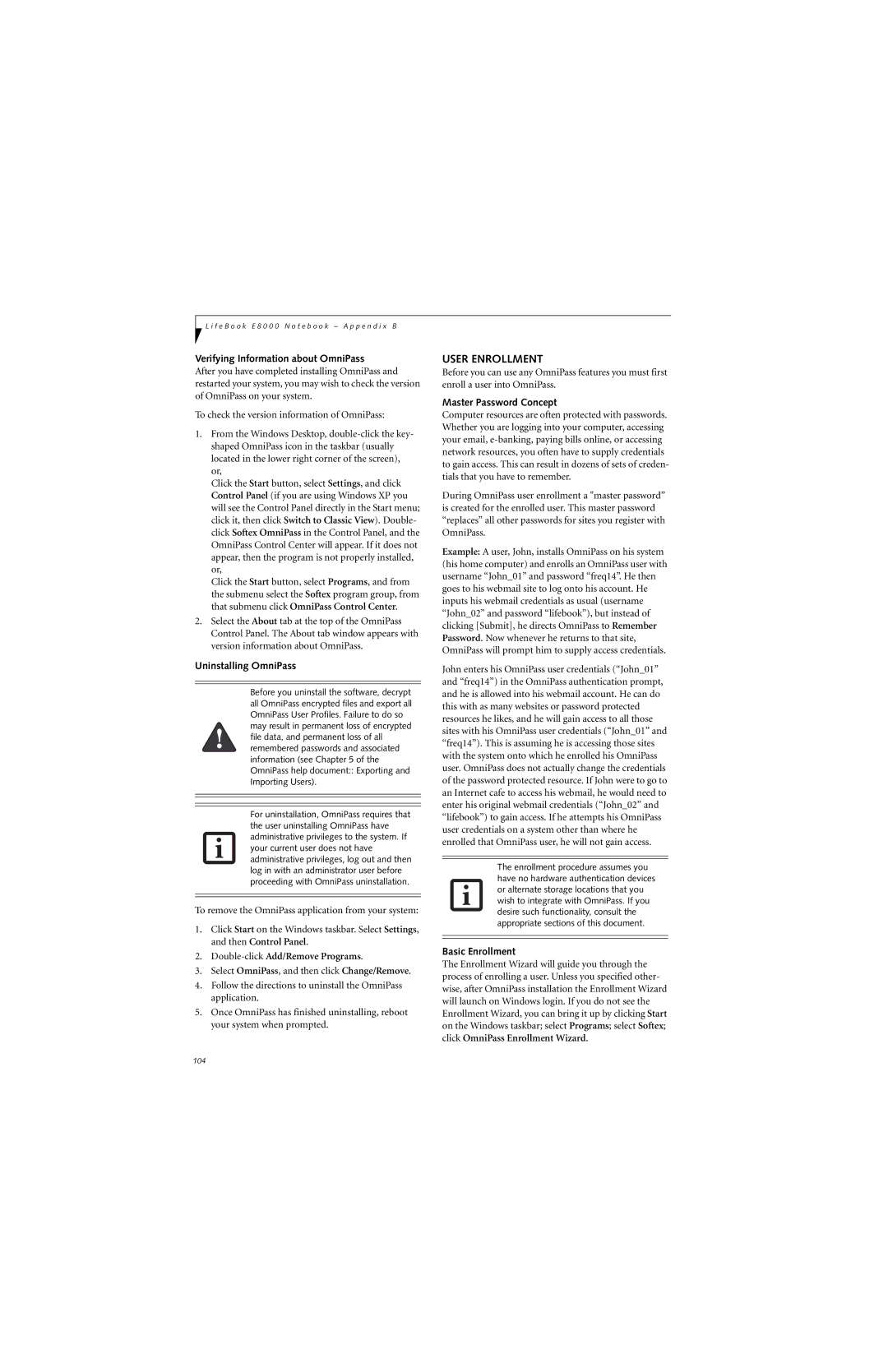 Fujitsu E8310 manual User Enrollment, Verifying Information about OmniPass, Uninstalling OmniPass, Master Password Concept 