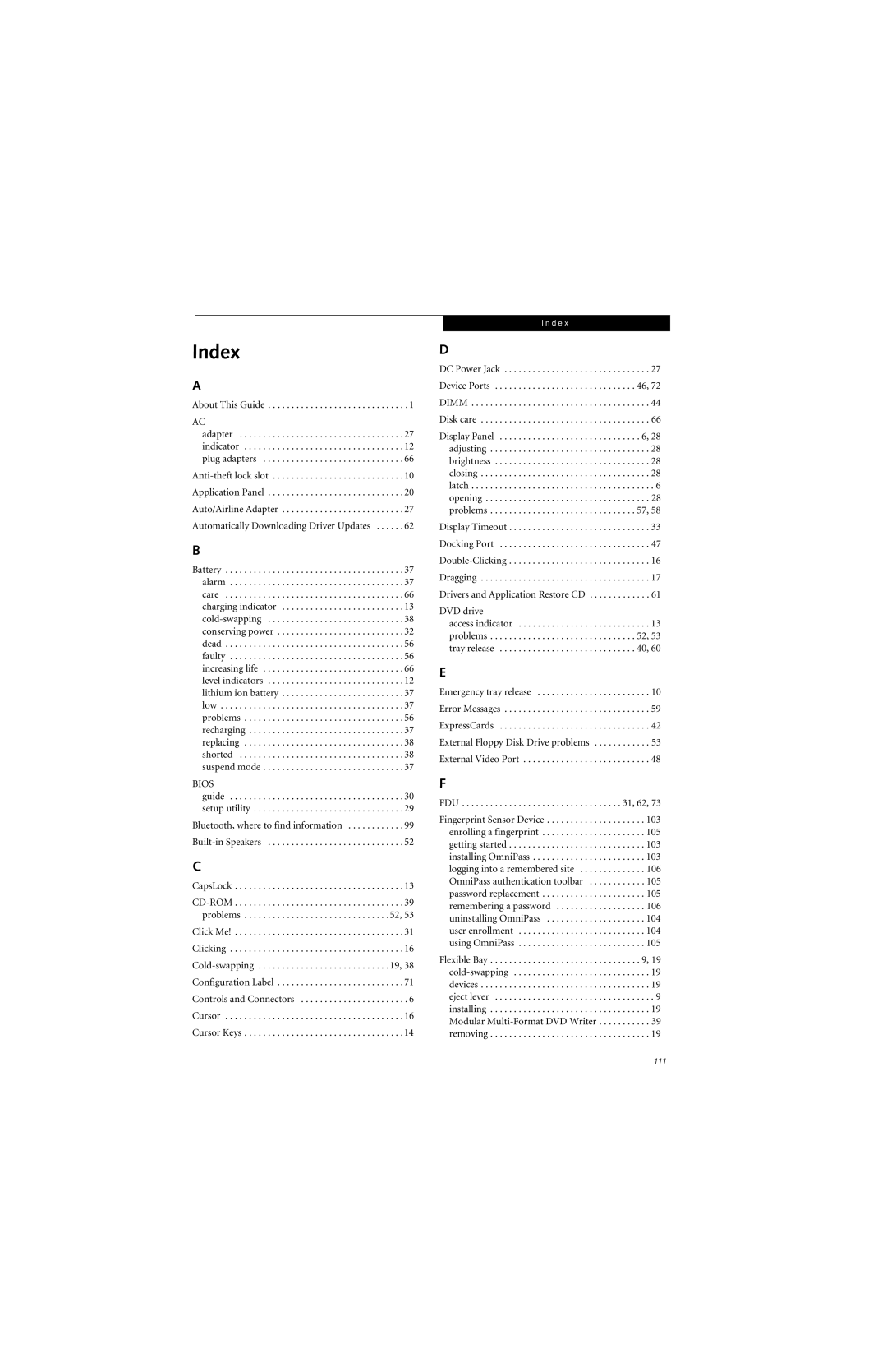 Fujitsu E8310 manual Index, Bios 