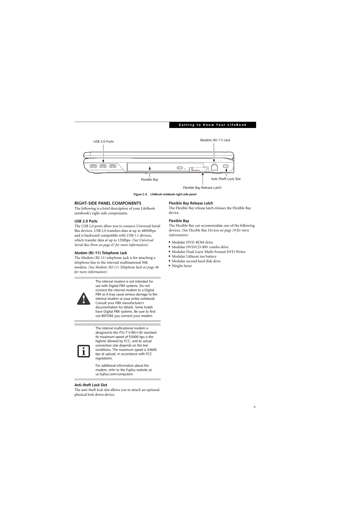 Fujitsu E8310 RIGHT-SIDE Panel Components, Modem RJ-11 Telephone Jack, Anti-theft Lock Slot, Flexible Bay Release Latch 