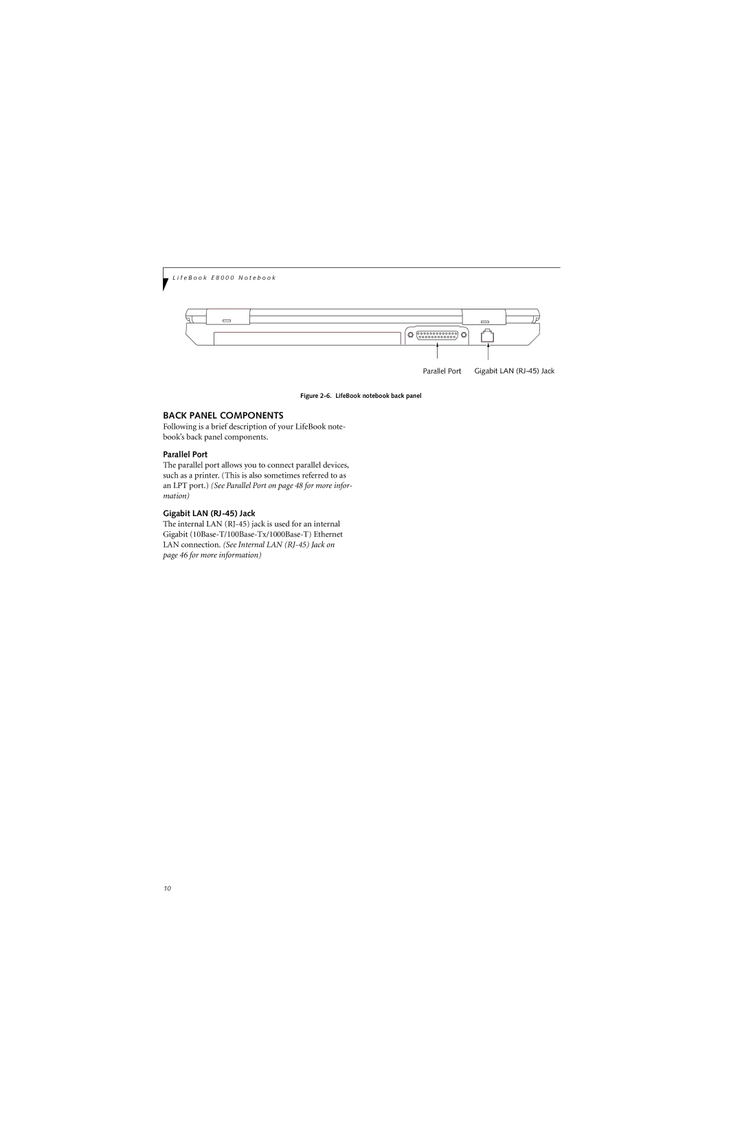 Fujitsu E8310 manual Back Panel Components, Parallel Port, Gigabit LAN RJ-45 Jack 