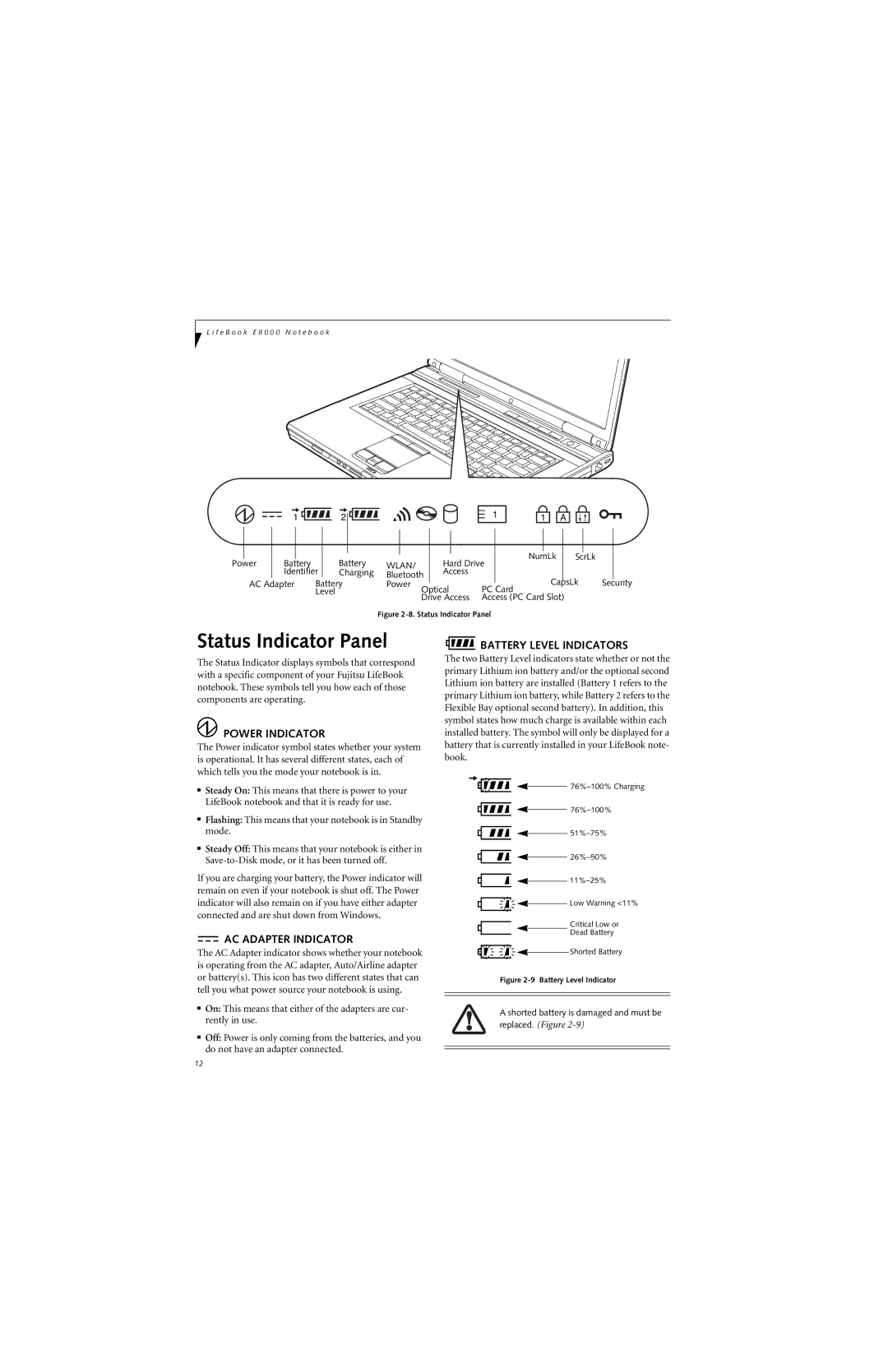 Fujitsu E8310 manual Status Indicator Panel, Power Indicator, AC Adapter Indicator, Battery Level Indicators 