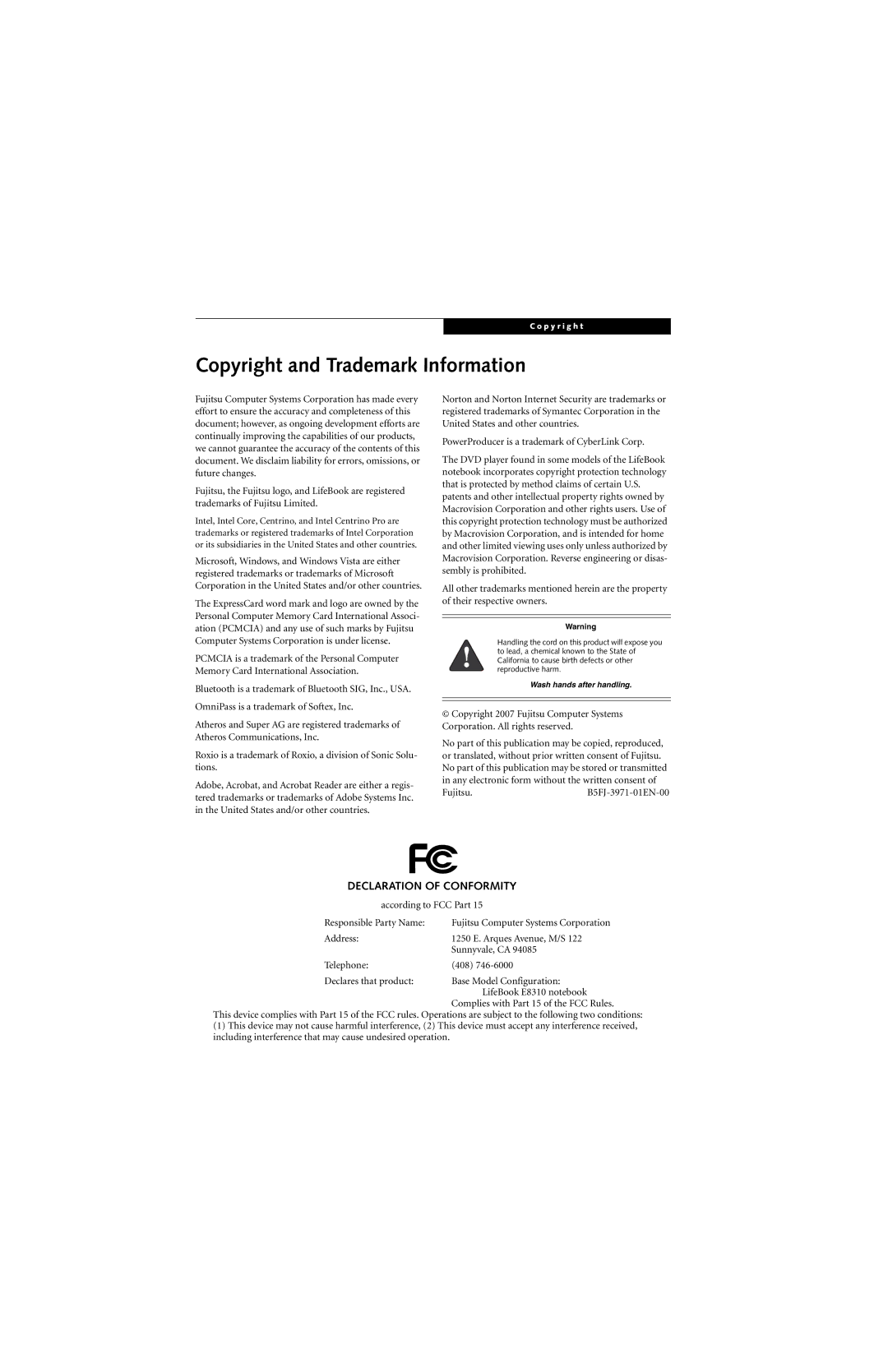 Fujitsu E8310 manual Copyright and Trademark Information, Declaration of Conformity 