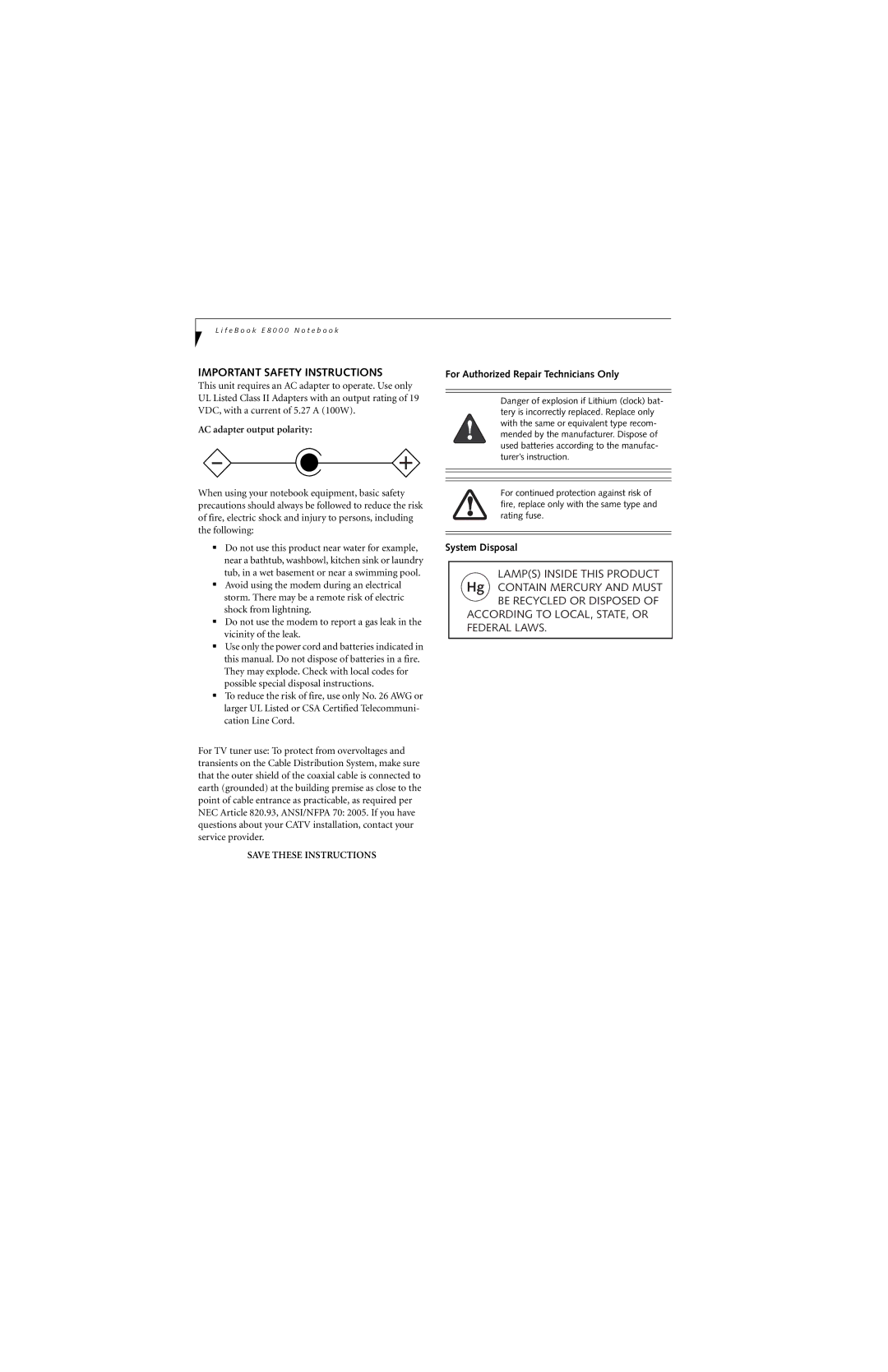 Fujitsu E8310 manual Important Safety Instructions, AC adapter output polarity, For Authorized Repair Technicians Only 