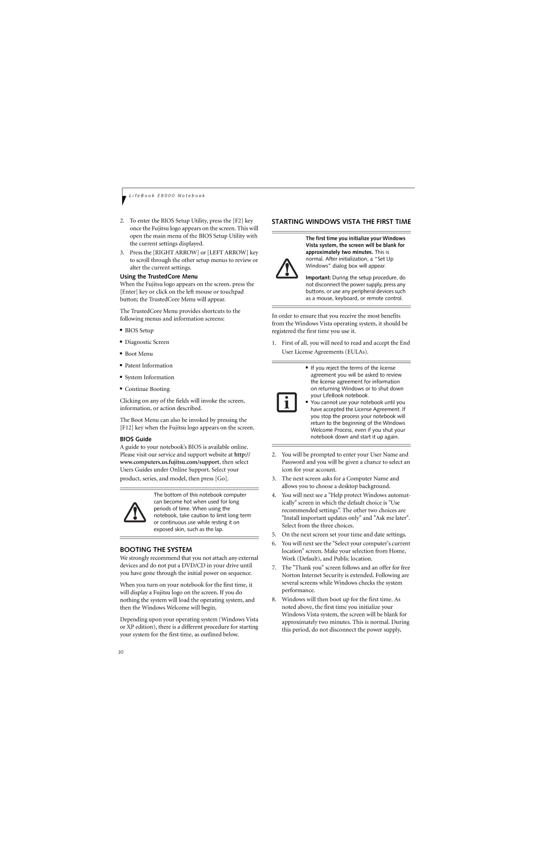 Fujitsu E8310 manual Booting the System, Starting Windows Vista the First Time, Using the TrustedCore Menu, Bios Guide 