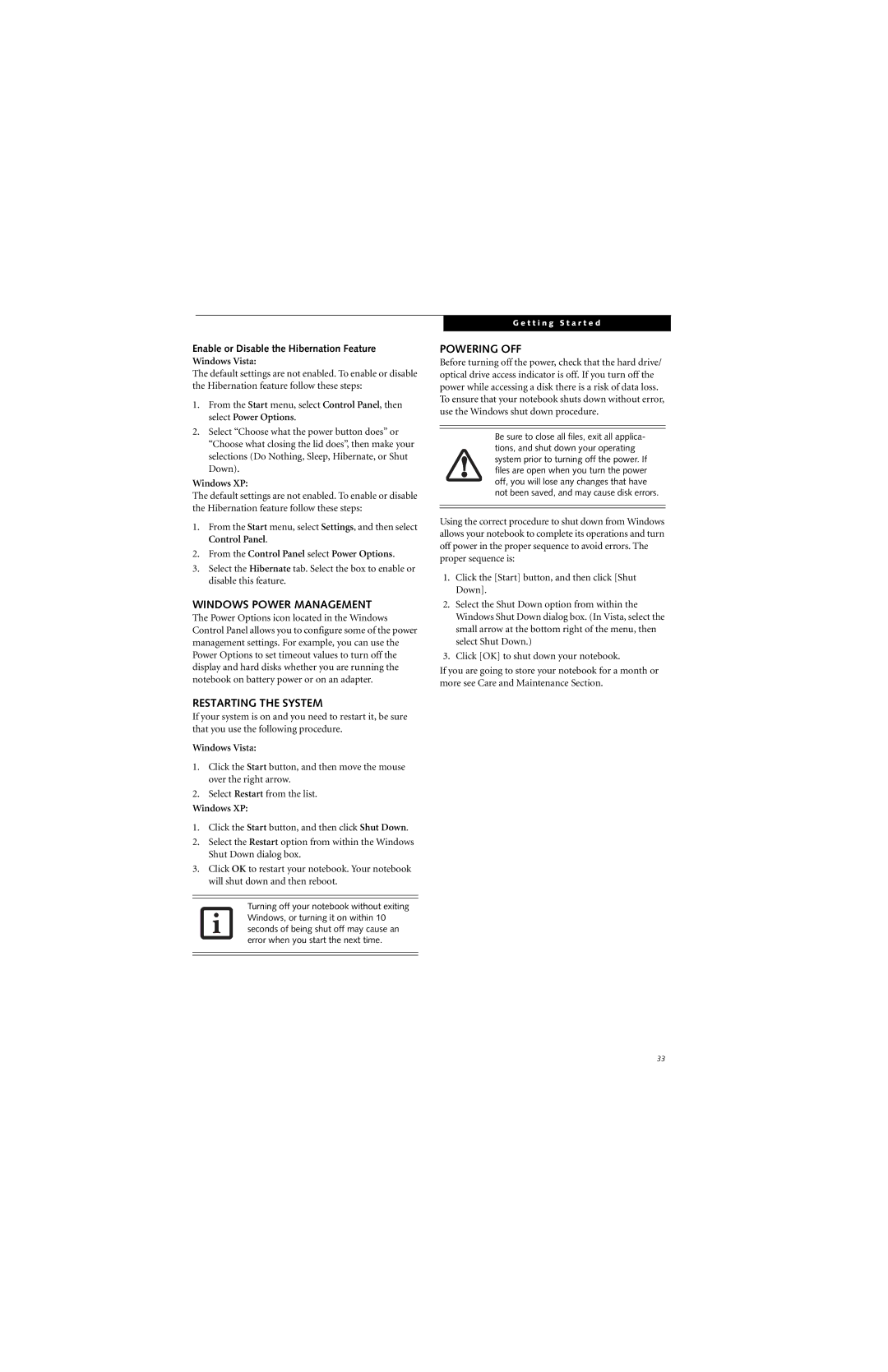 Fujitsu E8310 Windows Power Management, Restarting the System, Powering OFF, Enable or Disable the Hibernation Feature 