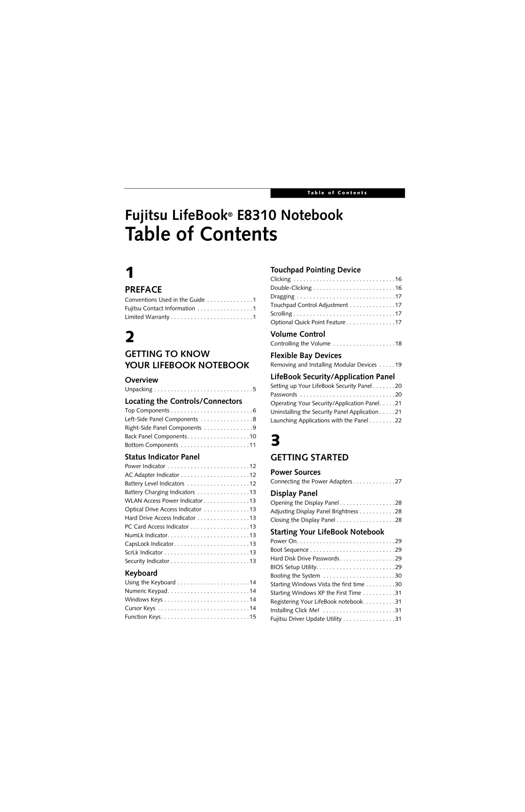 Fujitsu E8310 manual Table of Contents 