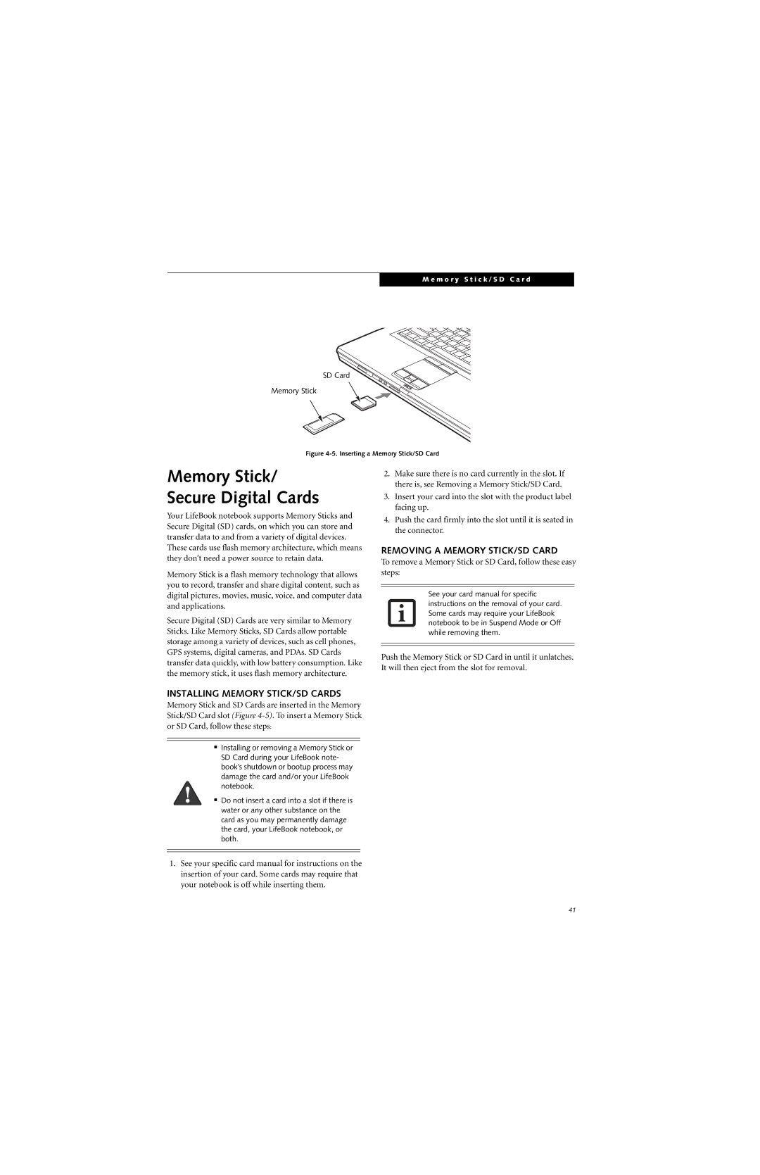 Fujitsu E8310 manual Removing a Memory STICK/SD Card, Installing Memory STICK/SD Cards 