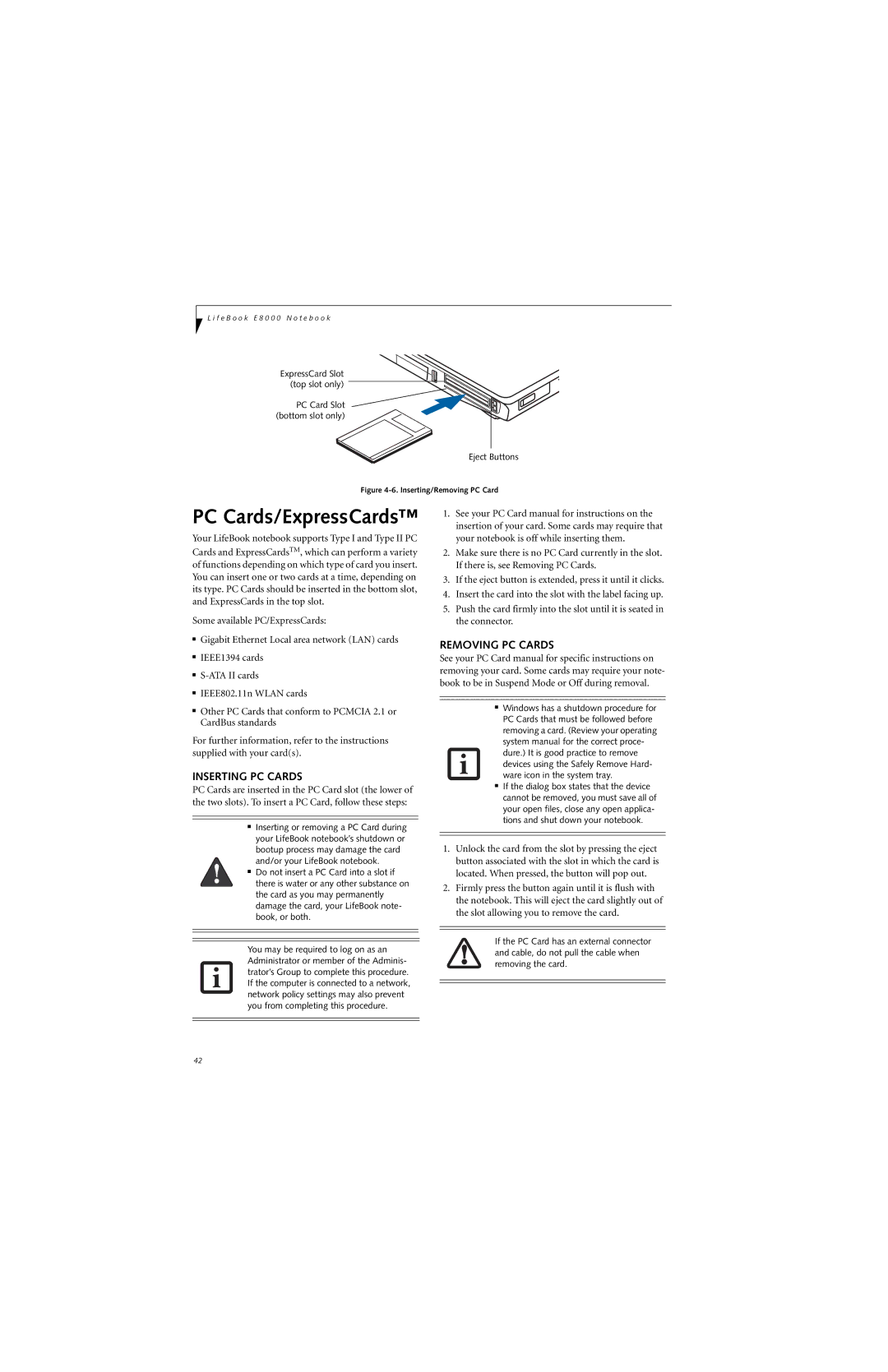 Fujitsu E8310 manual Inserting PC Cards, Removing PC Cards 