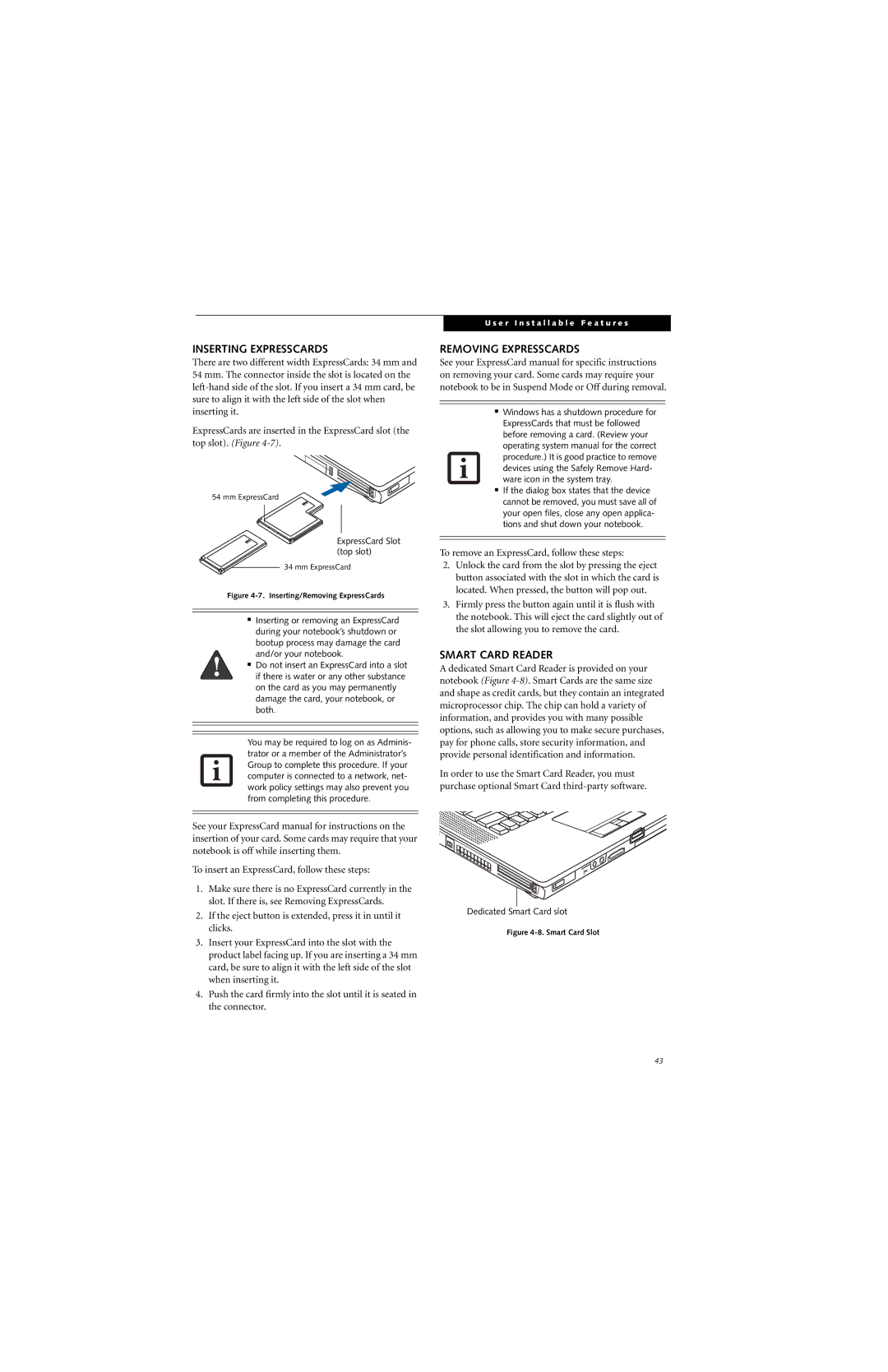 Fujitsu E8310 manual Inserting Expresscards, Removing Expresscards, Smart Card Reader 