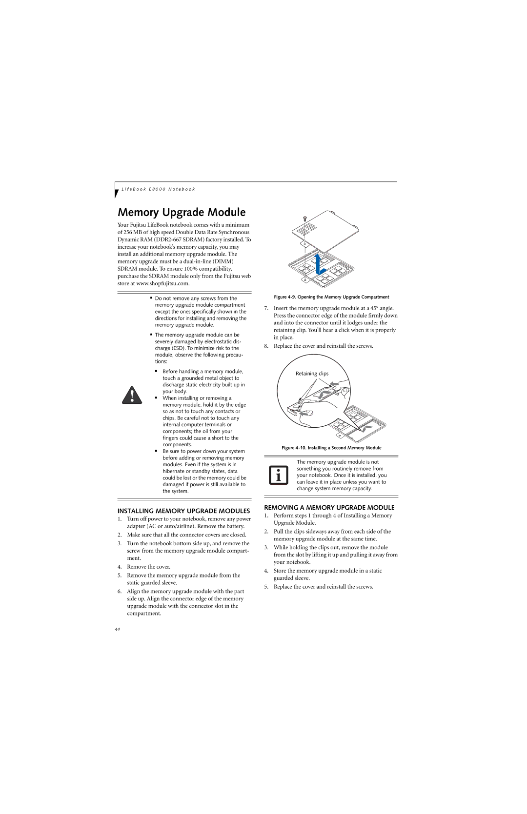Fujitsu E8310 manual Installing Memory Upgrade Modules, Removing a Memory Upgrade Module 