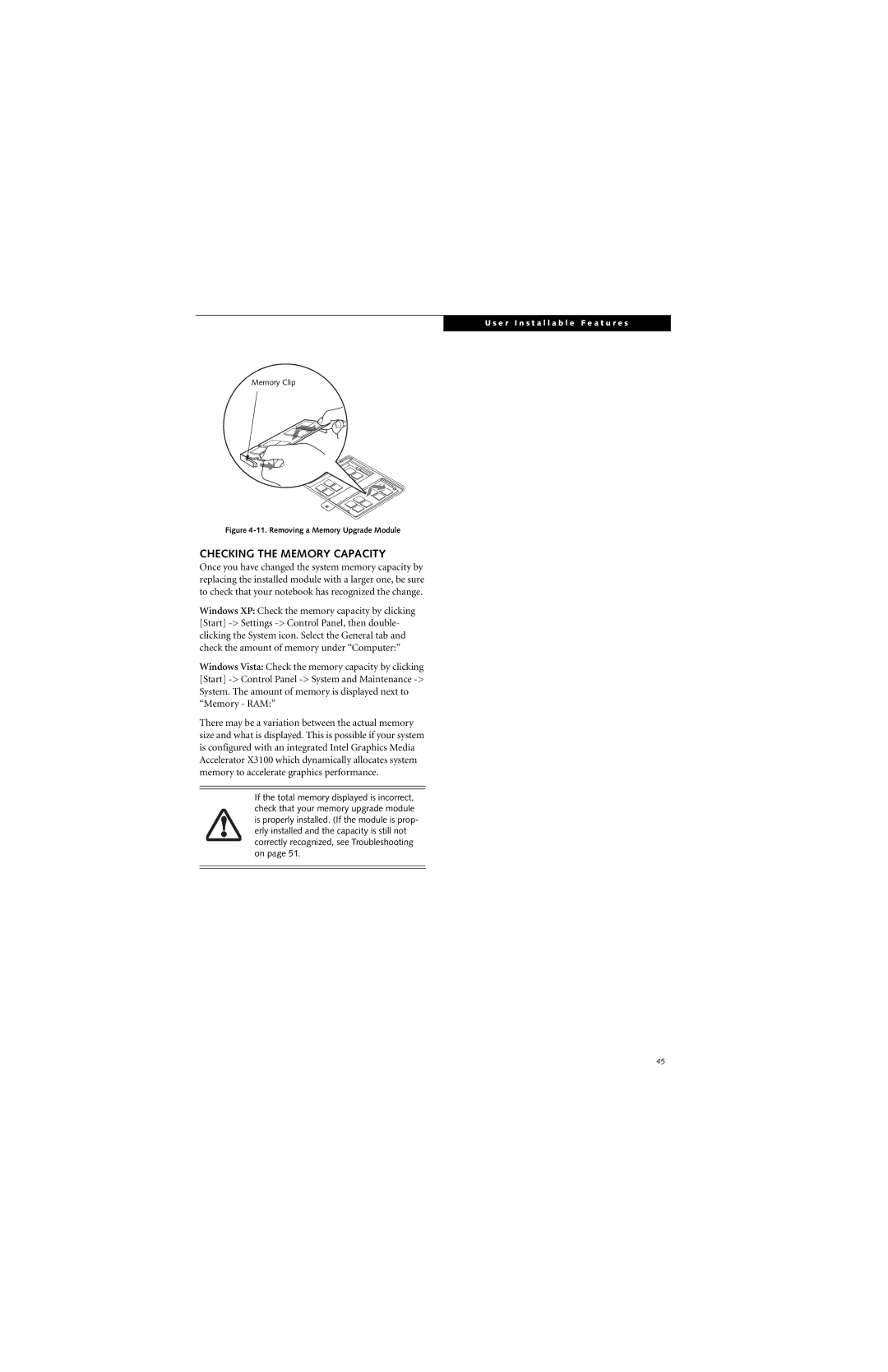 Fujitsu E8310 manual Checking the Memory Capacity, Removing a Memory Upgrade Module 