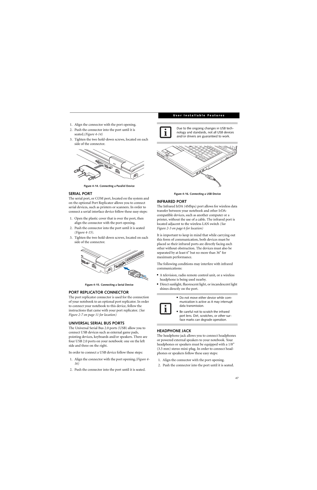 Fujitsu E8310 manual Serial Port, Port Replicator Connector, Universal Serial BUS Ports, Infrared Port, Headphone Jack 