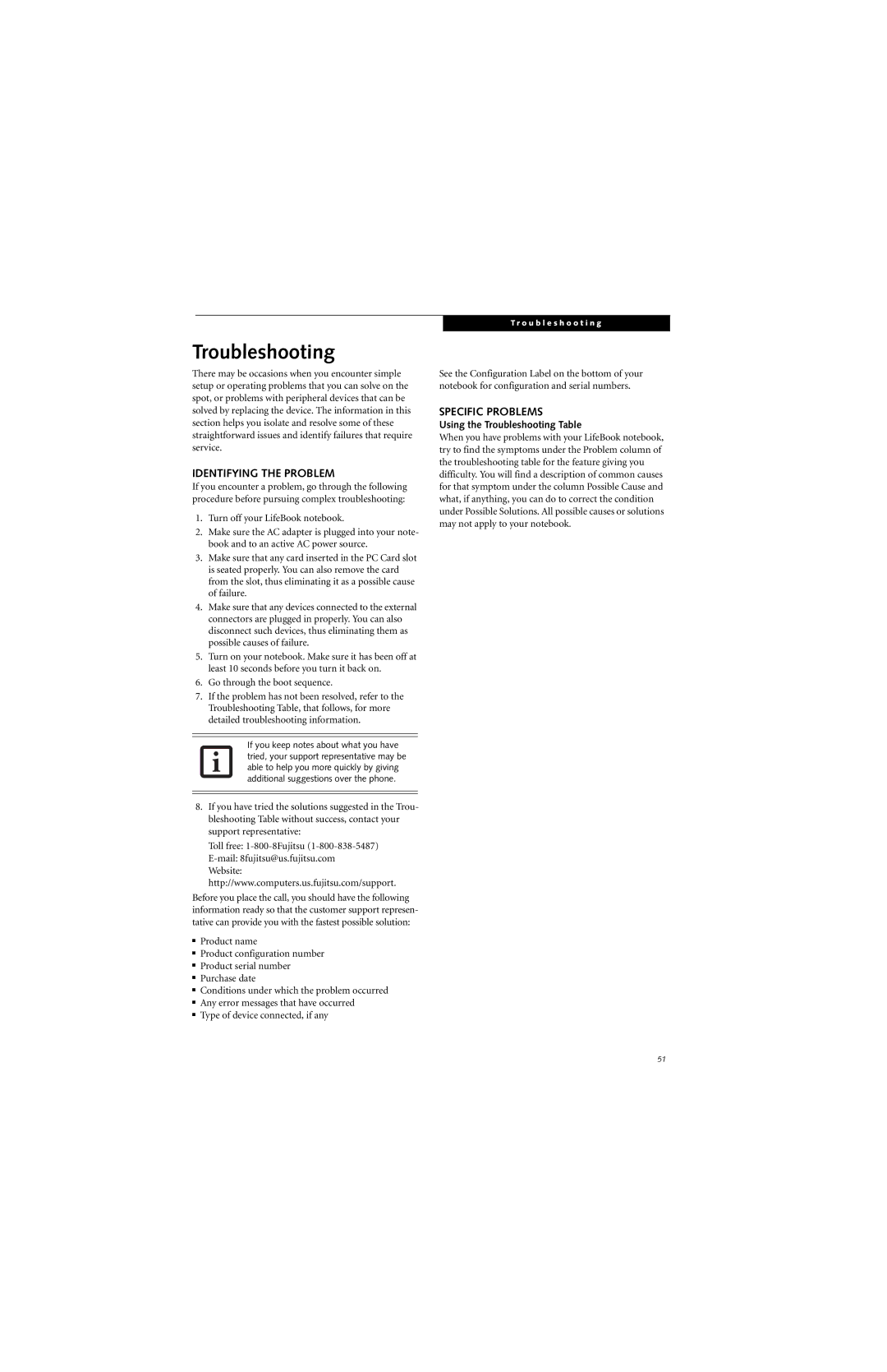 Fujitsu E8310 manual Identifying the Problem, Specific Problems, Using the Troubleshooting Table 