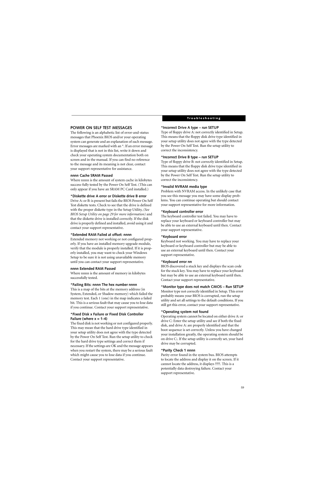 Fujitsu E8310 manual Power on Self Test Messages 