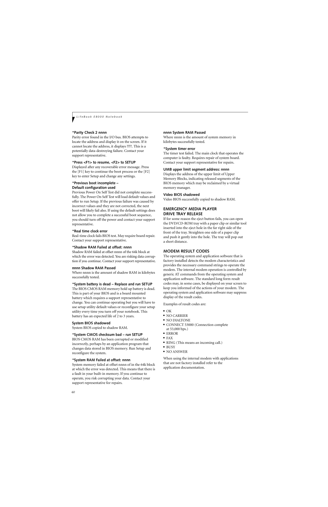 Fujitsu E8310 manual Emergency Media Player Drive Tray Release, Modem Result Codes 