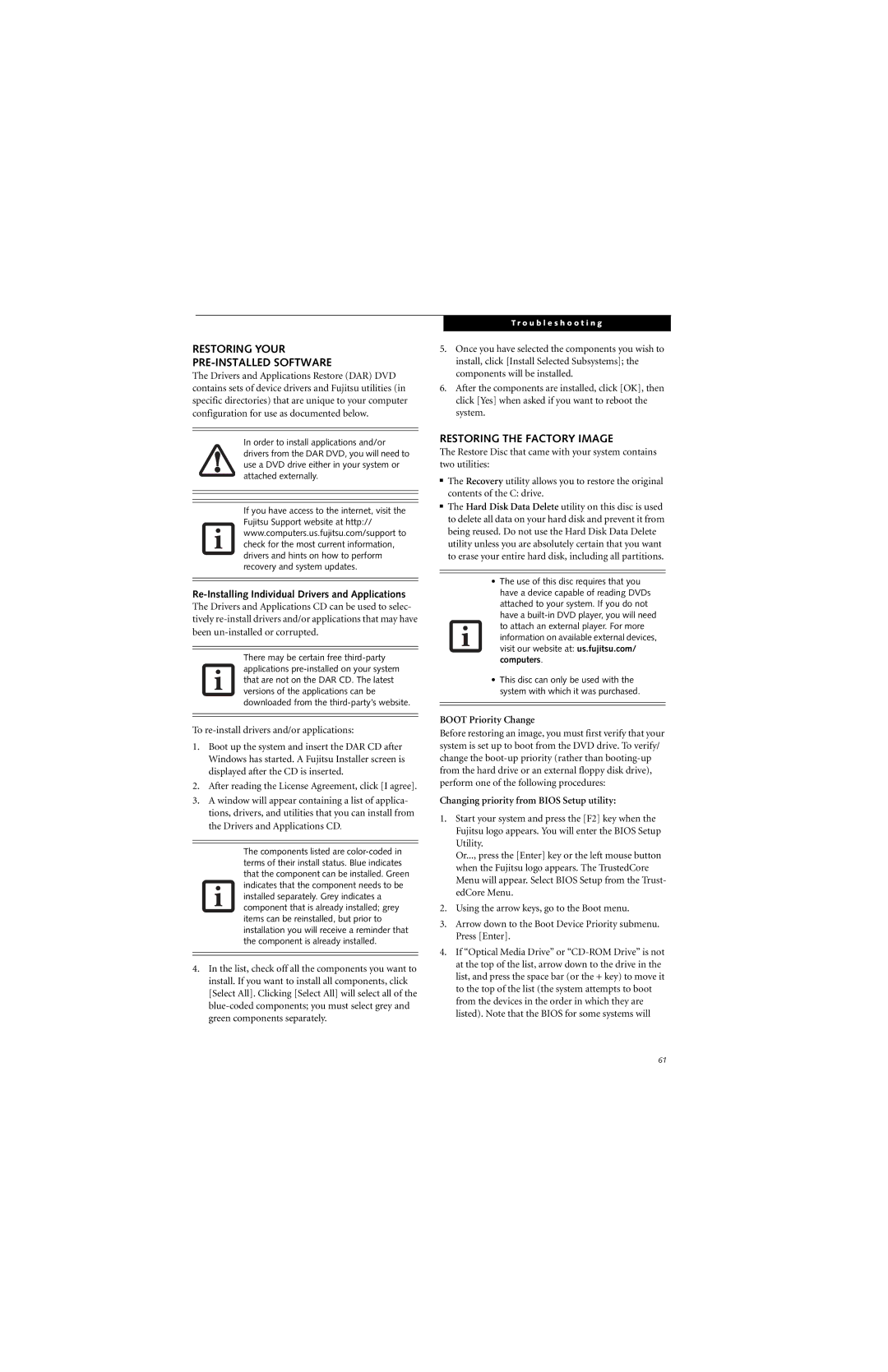 Fujitsu E8310 manual Restoring Your PRE-INSTALLED Software, Restoring the Factory Image, Boot Priority Change 