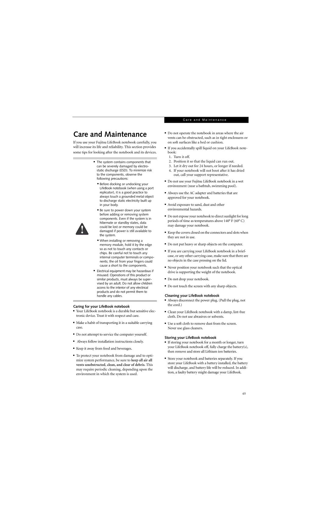 Fujitsu E8310 manual Care and Maintenance, Caring for your LifeBook notebook, Cleaning your LifeBook notebook 