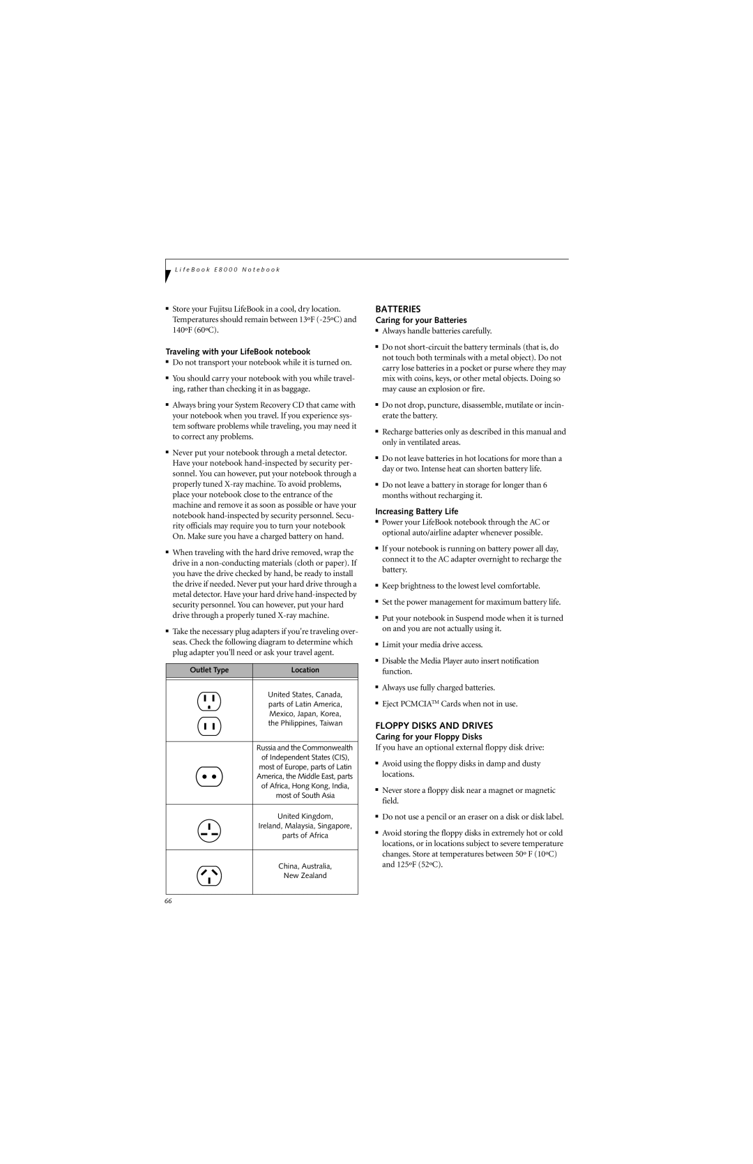 Fujitsu E8310 manual Batteries, Floppy Disks and Drives 