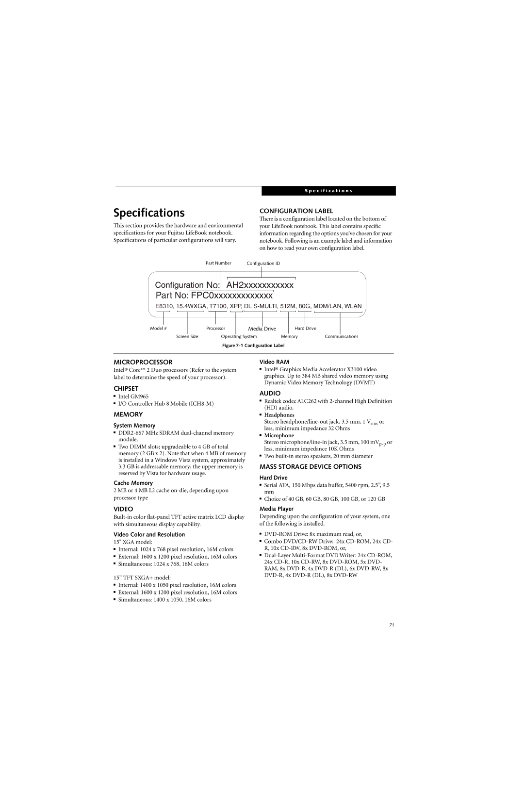 Fujitsu E8310 manual Specifications 