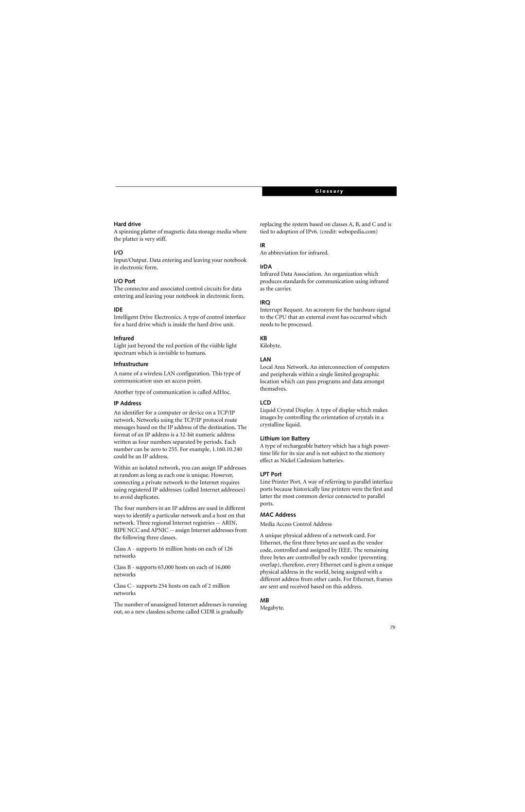 Fujitsu E8310 manual Infrared, Infrastructure, IP Address, IrDA, Lithium ion Battery, LPT Port, MAC Address 