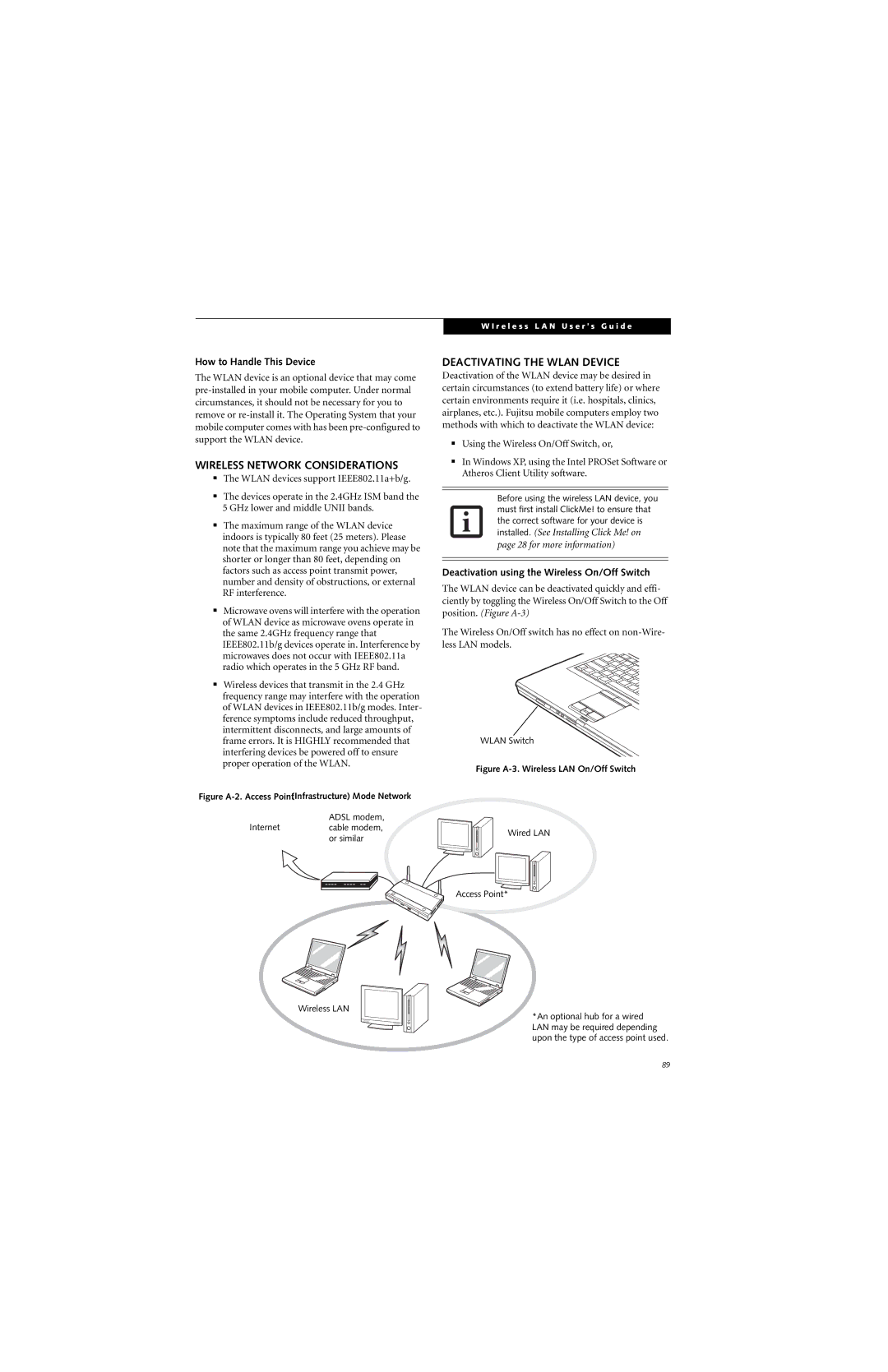 Fujitsu E8310 manual Wireless Network Considerations, Deactivating the Wlan Device, How to Handle This Device 