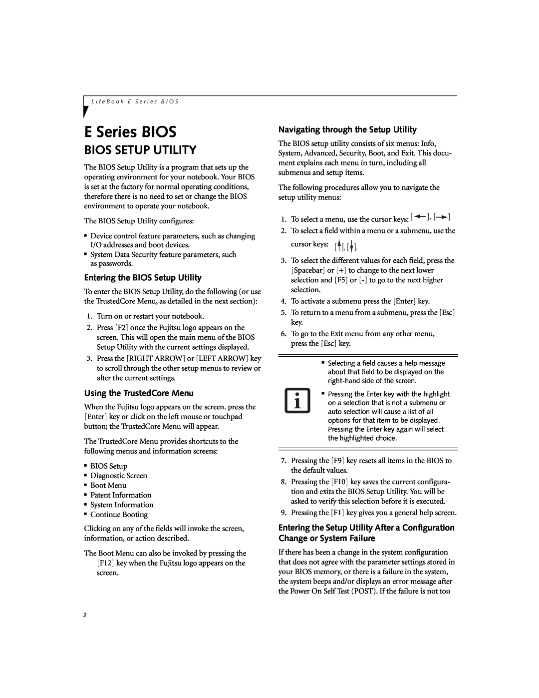 Fujitsu E8410 manual Bios Setup Utility, Entering the BIOS Setup Utility, Using the TrustedCore Menu, E Series BIOS 