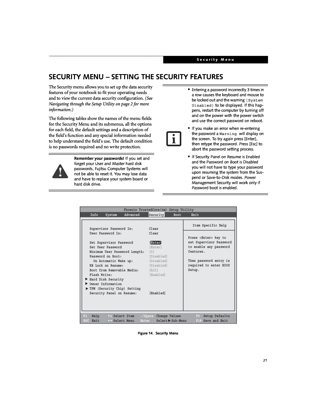 Fujitsu E8410 manual Security Menu - Setting The Security Features, Disabled 