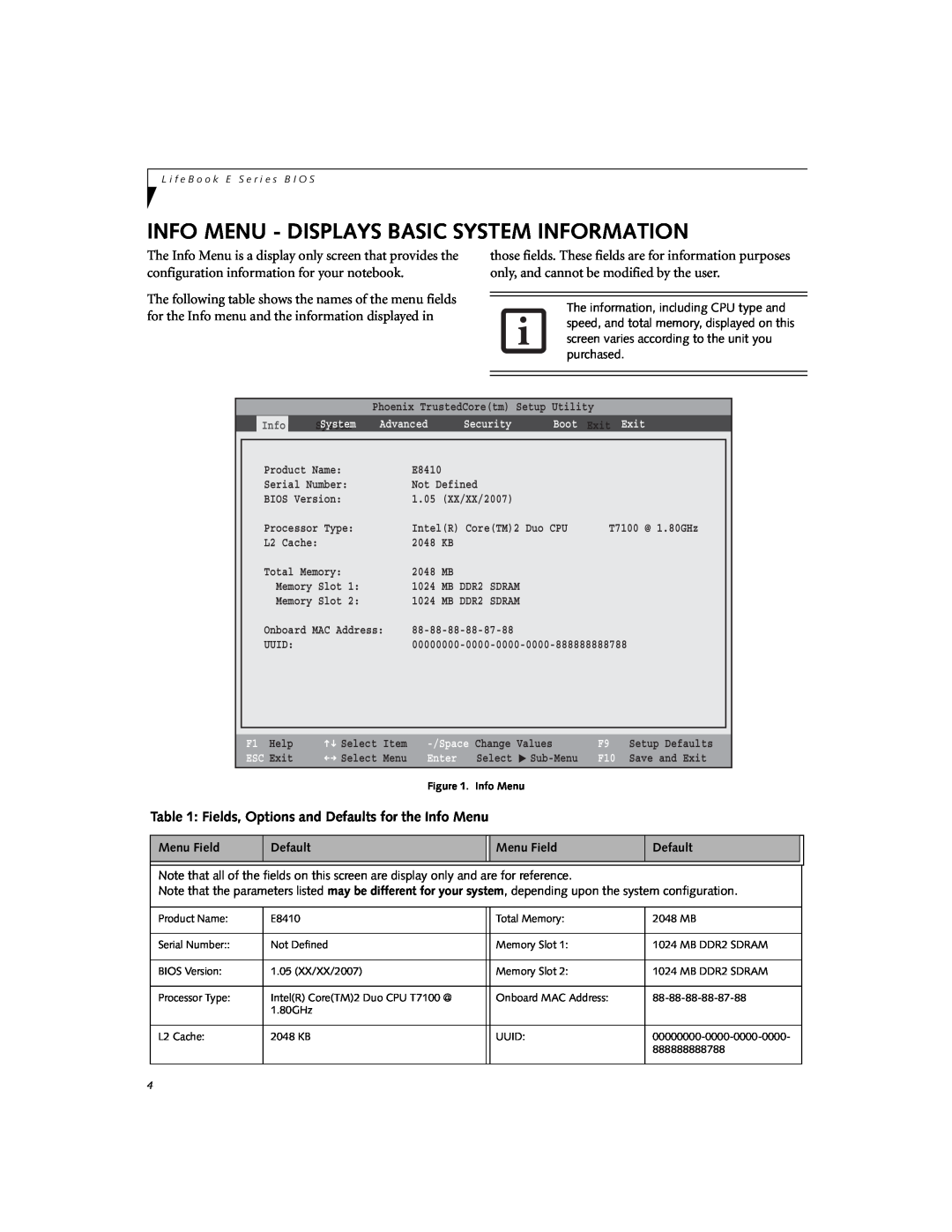 Fujitsu E8410 manual Info Menu - Displays Basic System Information, Fields, Options and Defaults for the Info Menu 