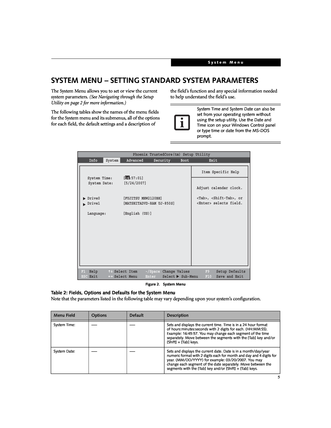 Fujitsu E8410 manual System Menu - Setting Standard System Parameters, Fields, Options and Defaults for the System Menu 