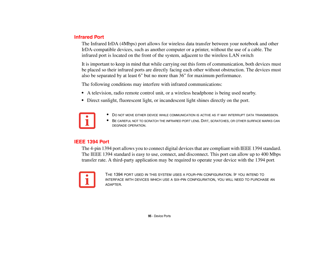 Fujitsu E8410 manual Infrared Port, Ieee 1394 Port 