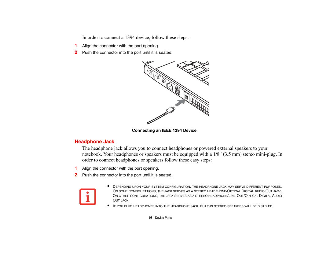 Fujitsu E8410 manual Headphone Jack, Connecting an Ieee 1394 Device 