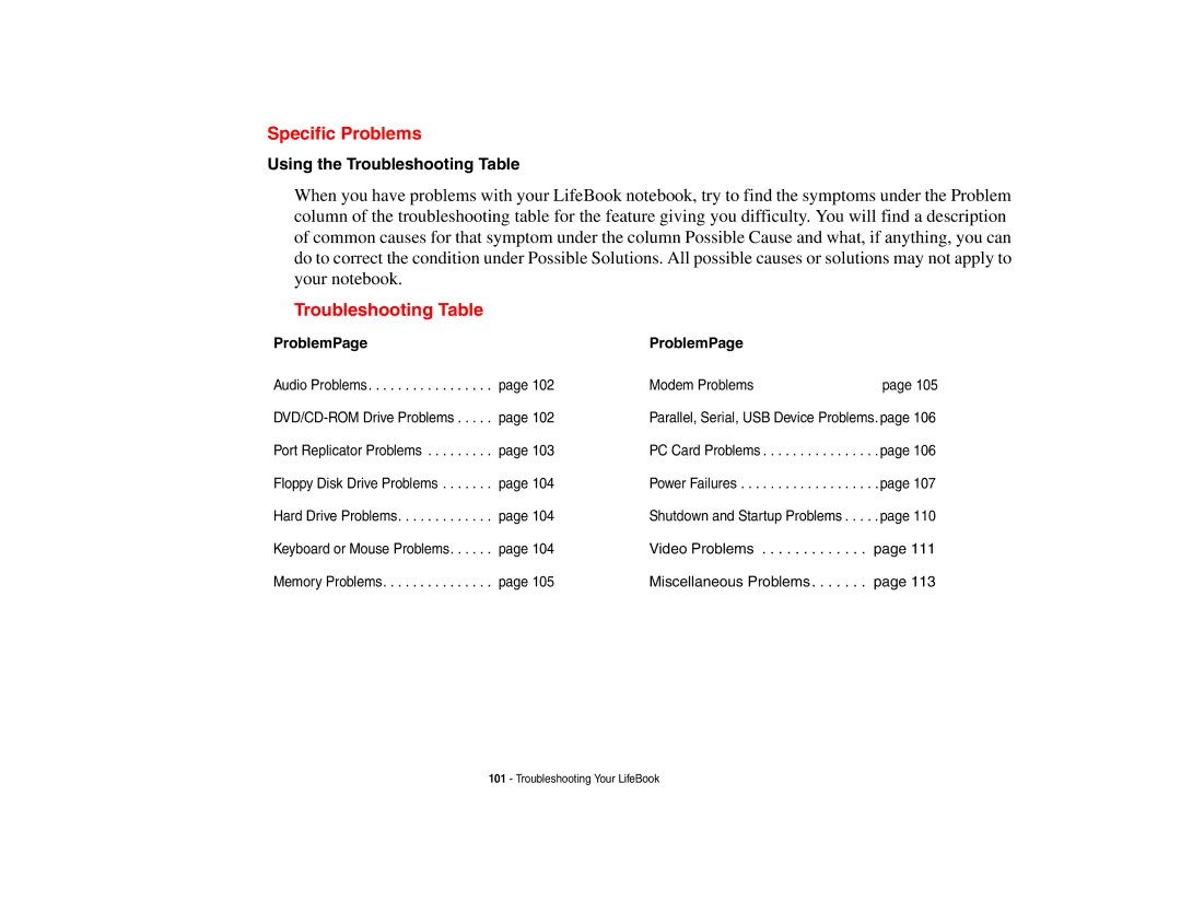 Fujitsu E8410 manual Specific Problems, Using the Troubleshooting Table, ProblemPage 