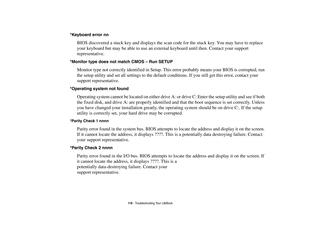 Fujitsu E8410 manual Keyboard error nn, Monitor type does not match Cmos Run Setup, Operating system not found 