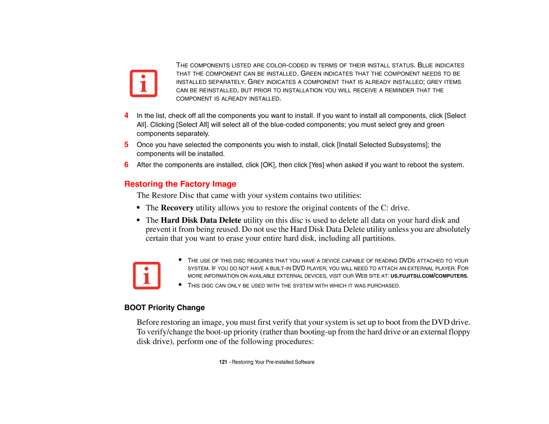 Fujitsu E8410 manual Restoring the Factory Image, Boot Priority Change 