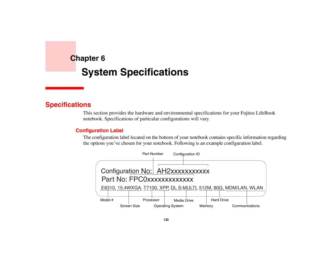 Fujitsu E8410 manual Specifications, Configuration Label 