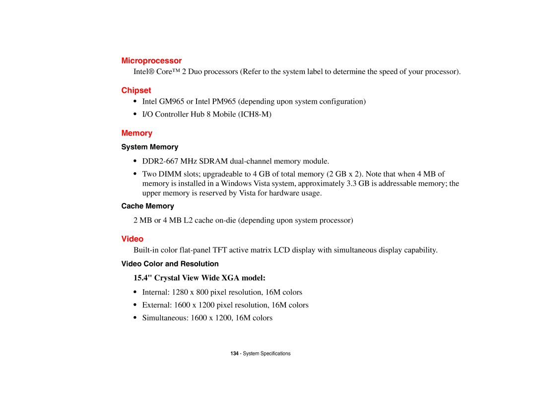 Fujitsu E8410 manual Microprocessor, Chipset, Memory, Video 