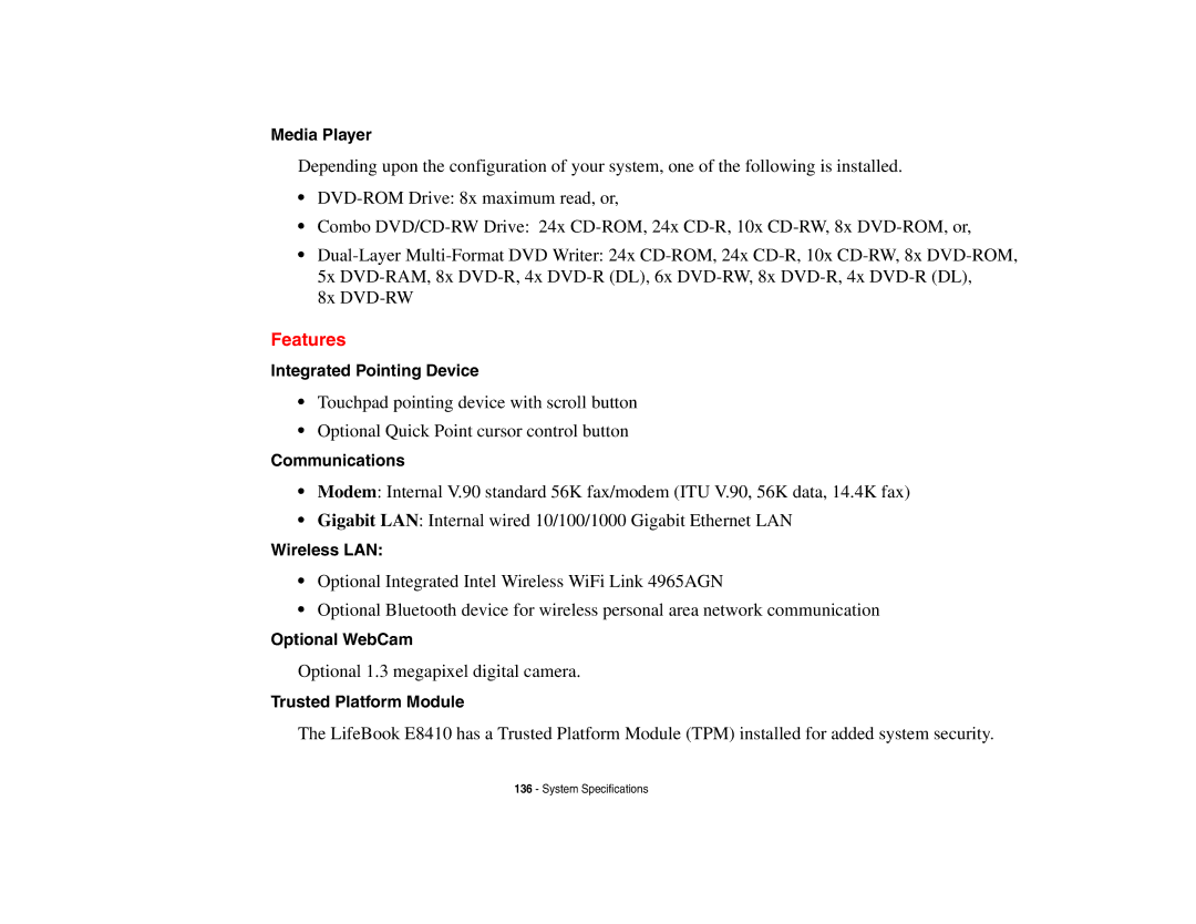 Fujitsu E8410 manual Features 