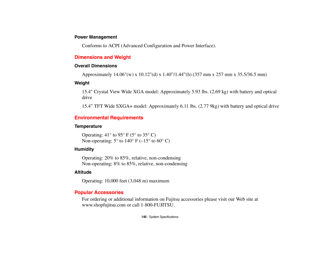 Fujitsu E8410 manual Dimensions and Weight, Environmental Requirements, Popular Accessories 