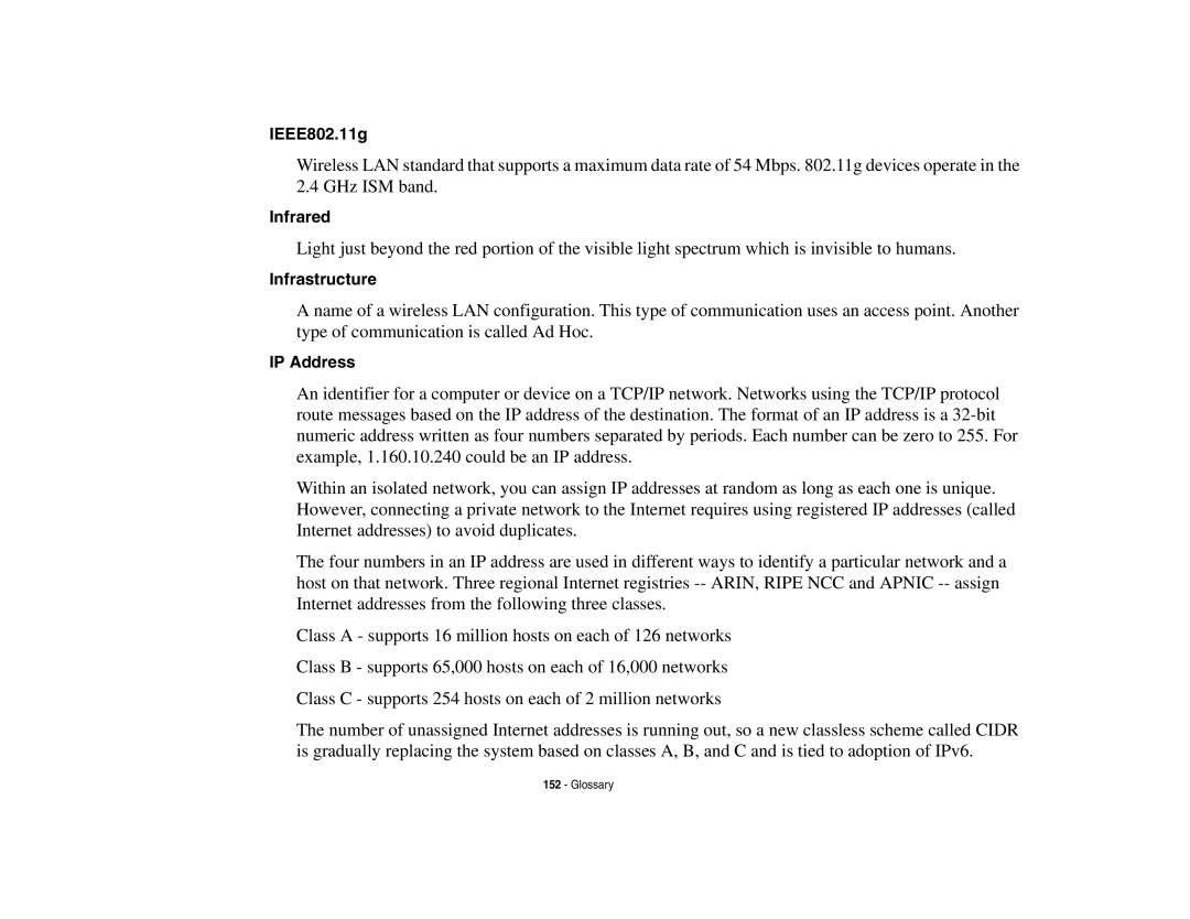 Fujitsu E8410 manual IEEE802.11g, Infrared, Infrastructure, IP Address 