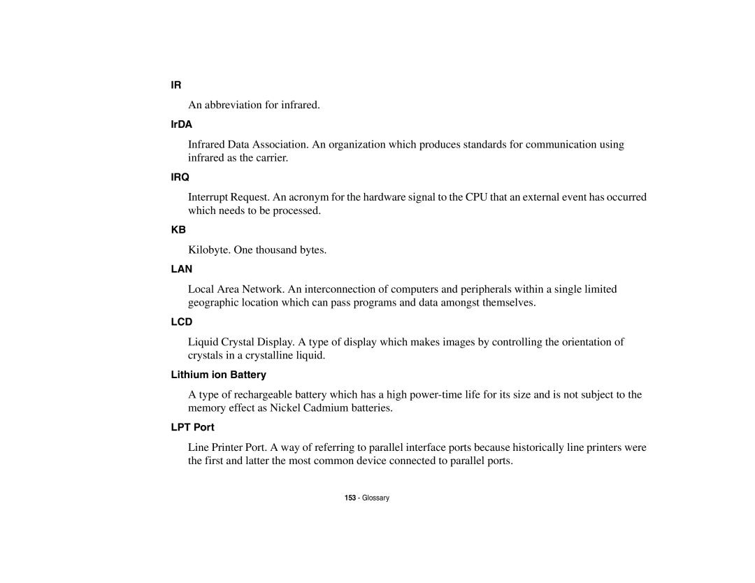 Fujitsu E8410 manual IrDA, Lithium ion Battery, LPT Port 