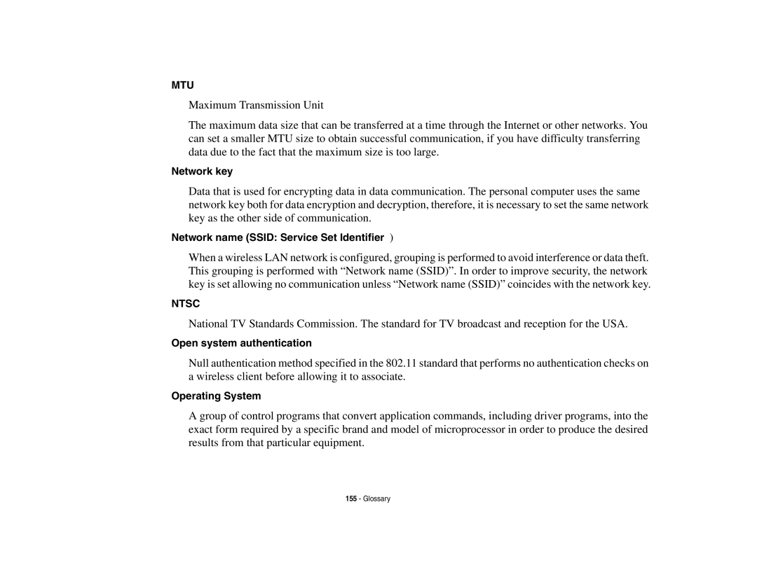 Fujitsu E8410 manual Network key, Network name Ssid Service Set Identifier, Open system authentication, Operating System 