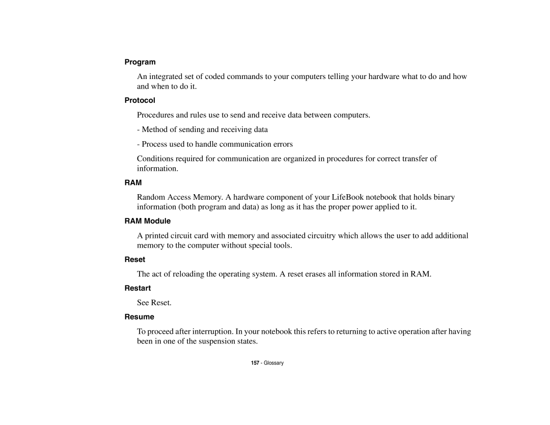 Fujitsu E8410 manual Program, Protocol, RAM Module, Reset, Restart, Resume 