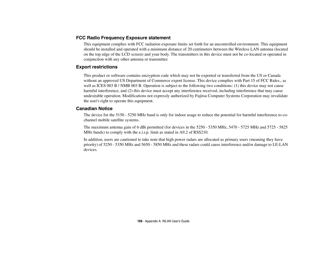 Fujitsu E8410 manual FCC Radio Frequency Exposure statement, Export restrictions, Canadian Notice 