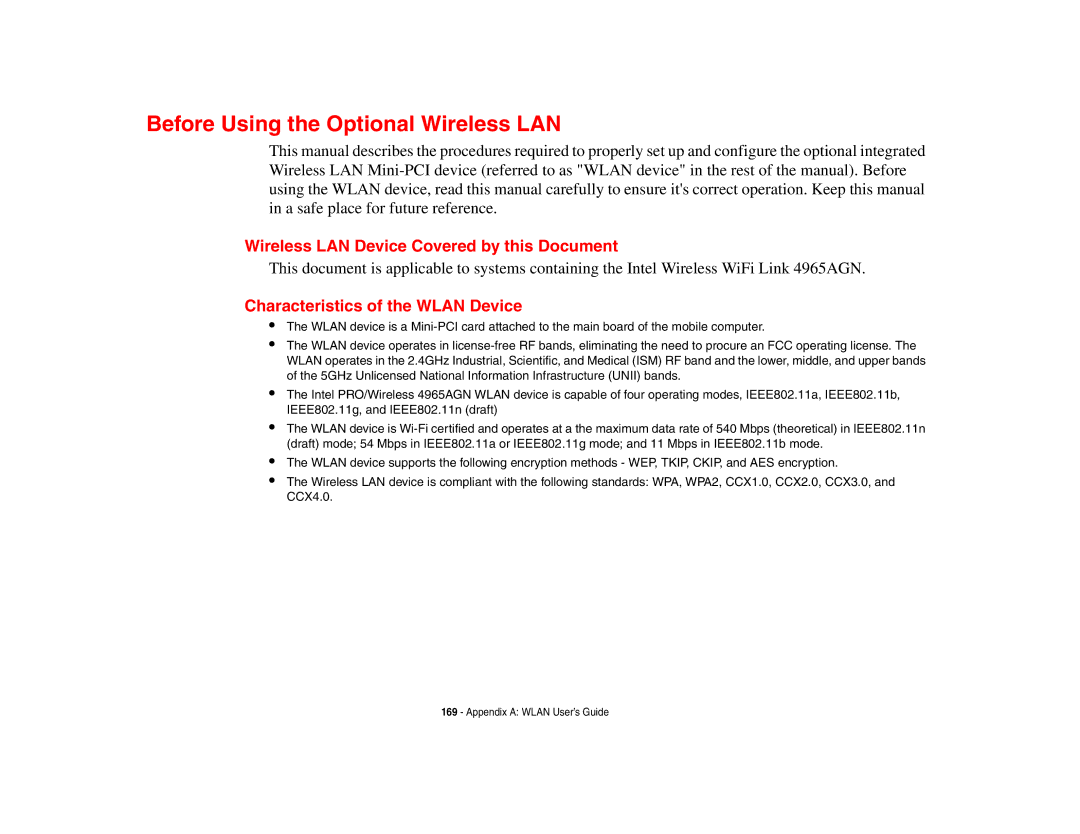 Fujitsu E8410 manual Before Using the Optional Wireless LAN, Wireless LAN Device Covered by this Document 