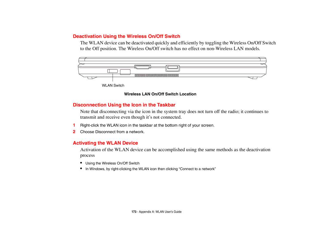 Fujitsu E8410 manual Deactivation Using the Wireless On/Off Switch, Disconnection Using the Icon in the Taskbar 