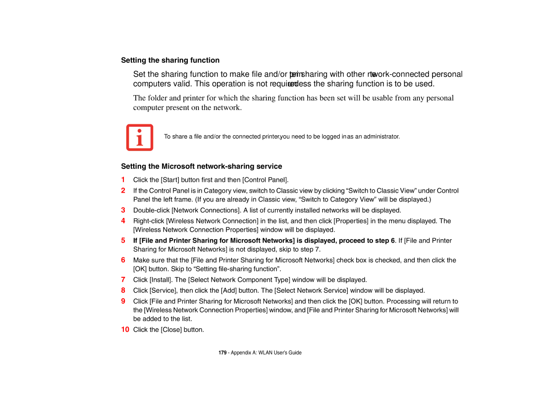 Fujitsu E8410 manual Setting the sharing function, Setting the Microsoft network-sharing service 