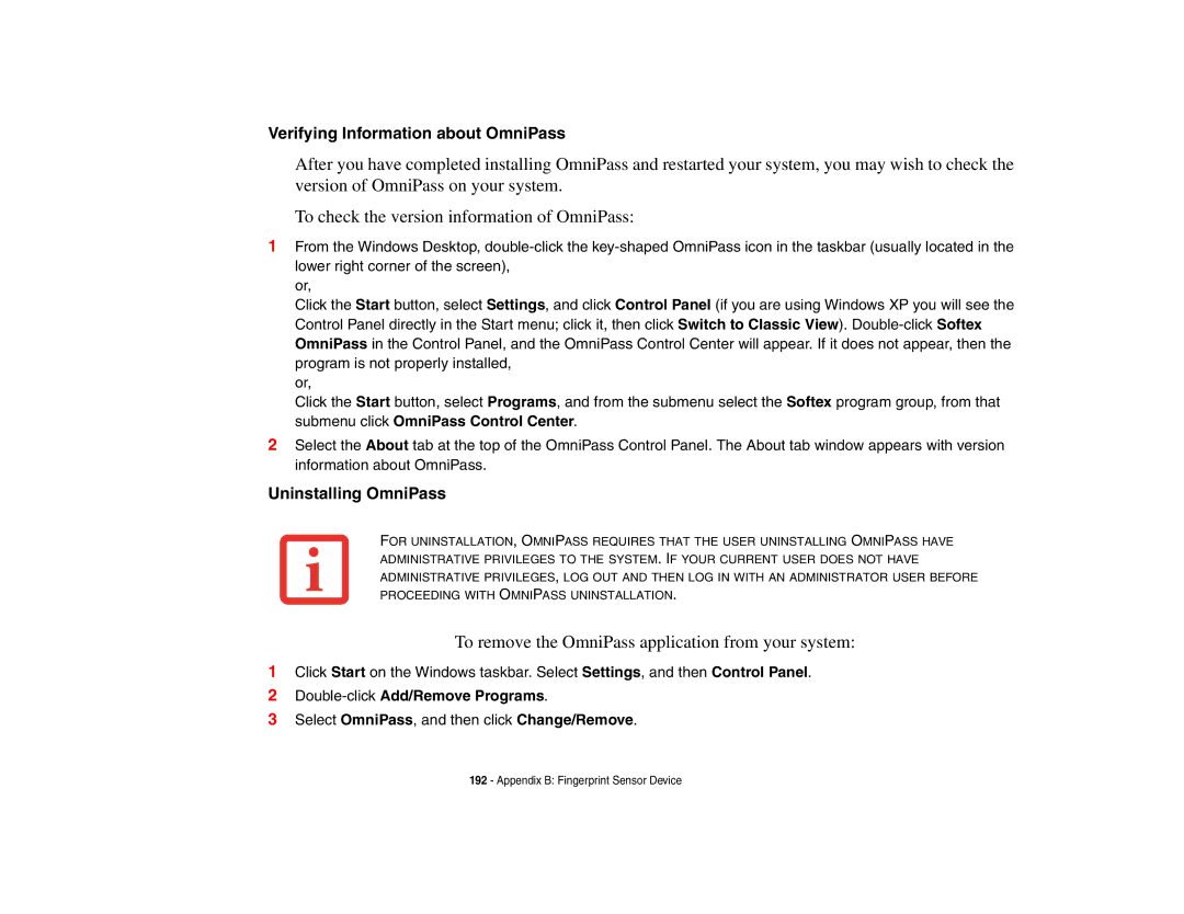 Fujitsu E8410 manual Verifying Information about OmniPass, Uninstalling OmniPass, Double-clickAdd/Remove Programs 